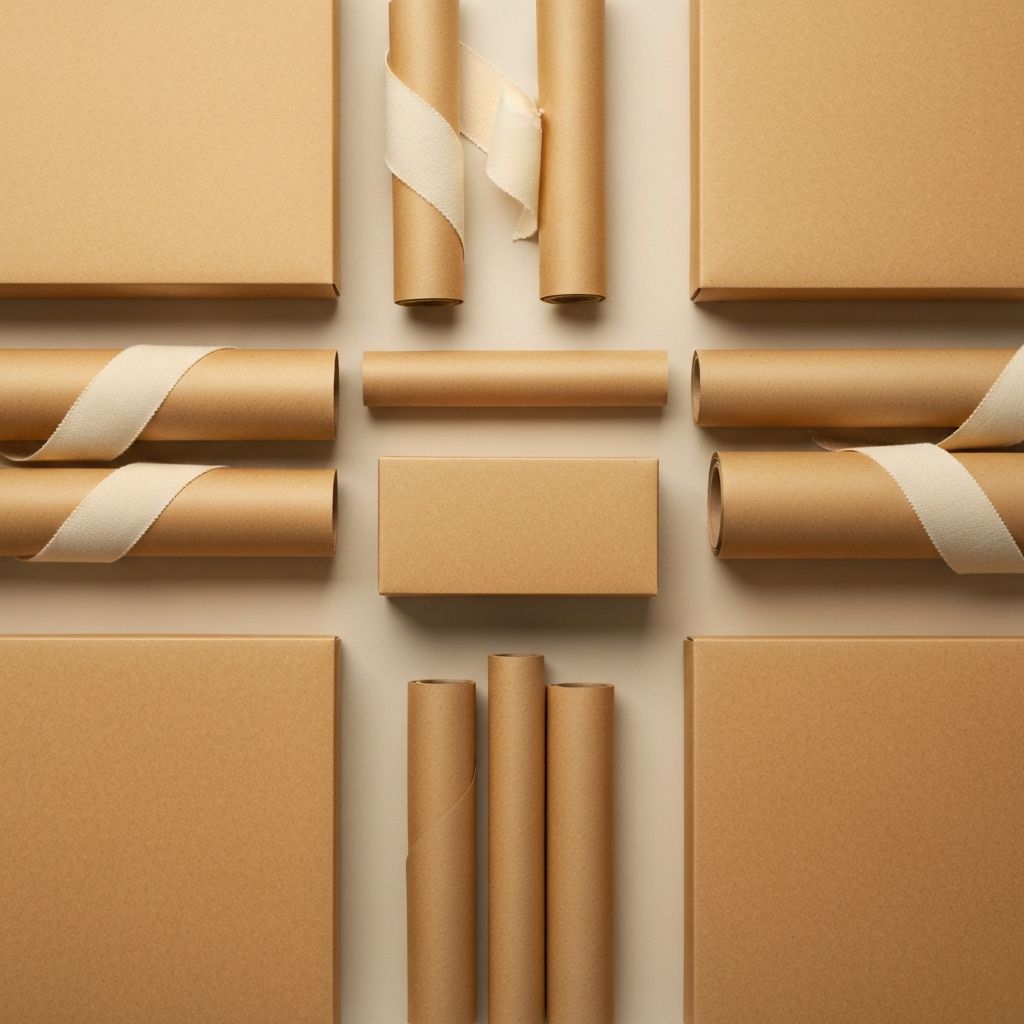 Sauberer Verpackungstisch mit Kraftkobox, Papier und Bändern in warmen Tönen