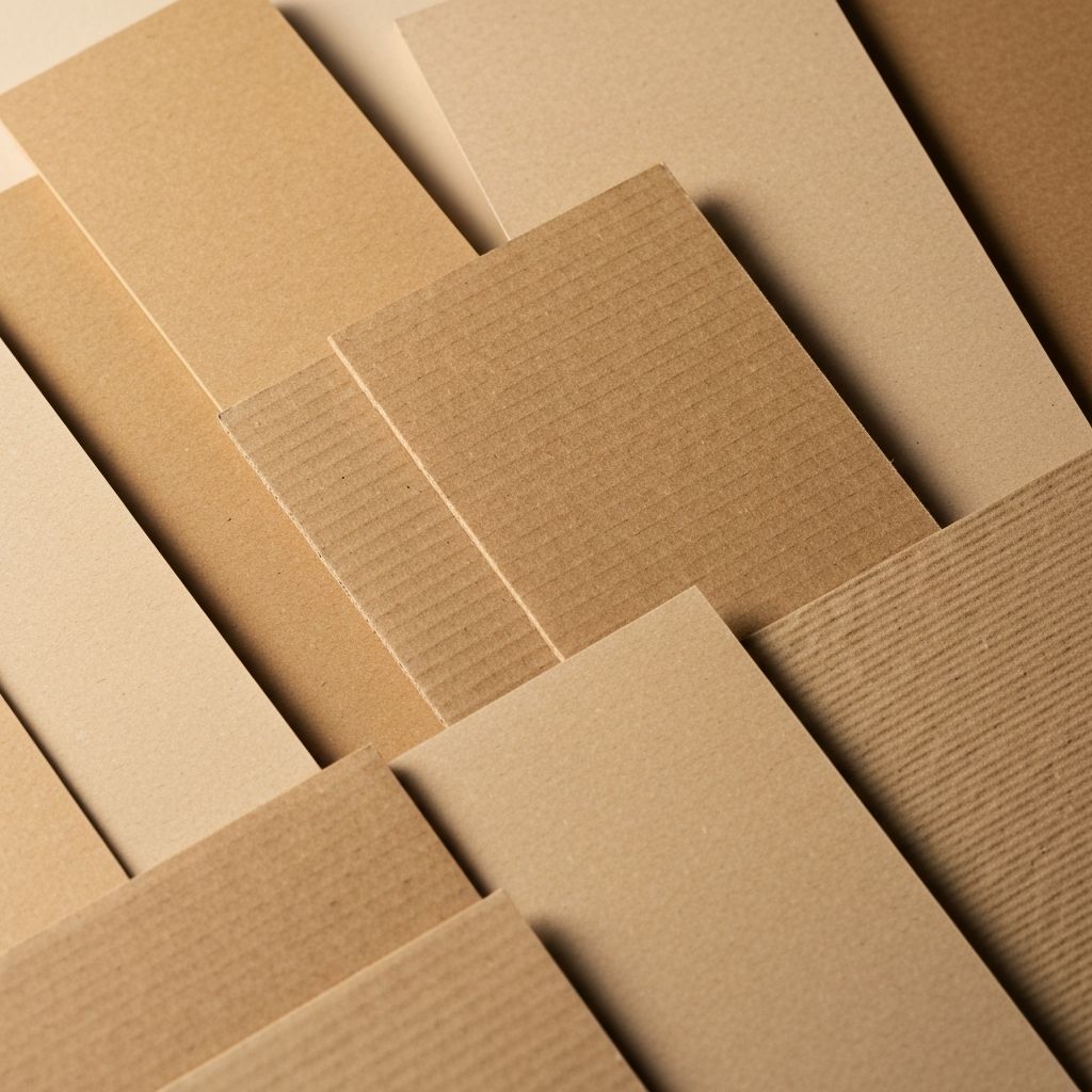 Nahaufnahme von verschiedenen Papiertypen und Kartonstärken mit sichtbaren Texturen und Fasern